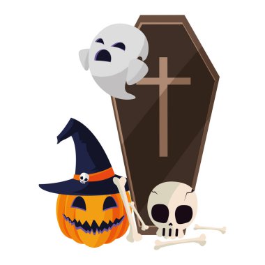 mutlu Cadılar Bayramı tabut hayaletler ve kafatası ile