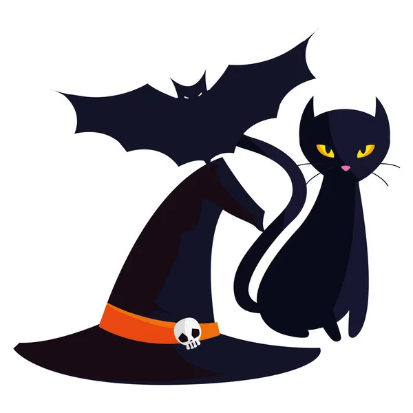 女巫帽子与蝙蝠和猫万圣节图标 — 图库矢量图片