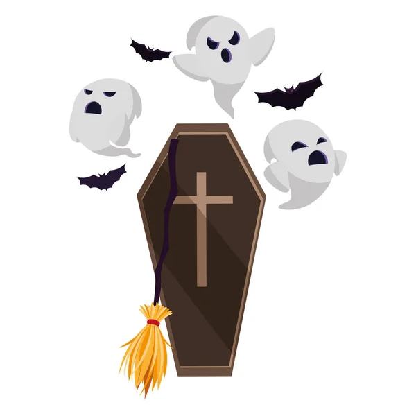 Šťastný halloween rakev s duchy a netopýry — Stockový vektor