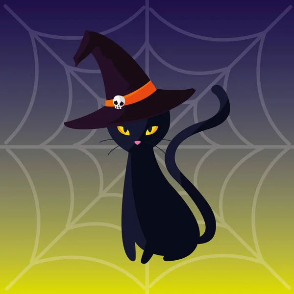 Halloween svart katt med häxa hatt — Stock vektor