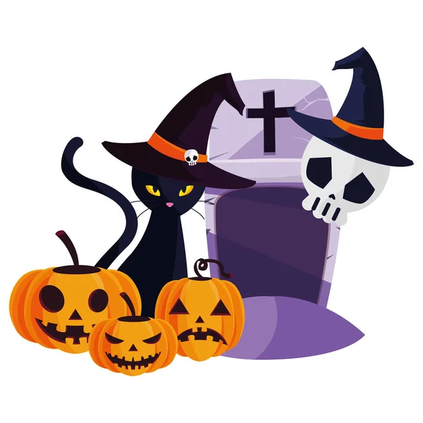 Mezar taşı karakter ile Halloween siyah kedi — Stok Vektör