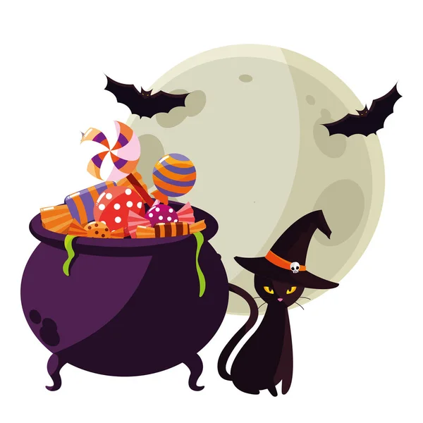 Heureux chaudron d'Halloween avec chat et bonbons — Image vectorielle