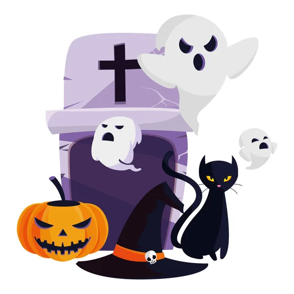 Halloween, černá kočka s ghost znaky — Stockový vektor