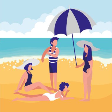 plaj kıyafetleri ve şemsiye ile çift