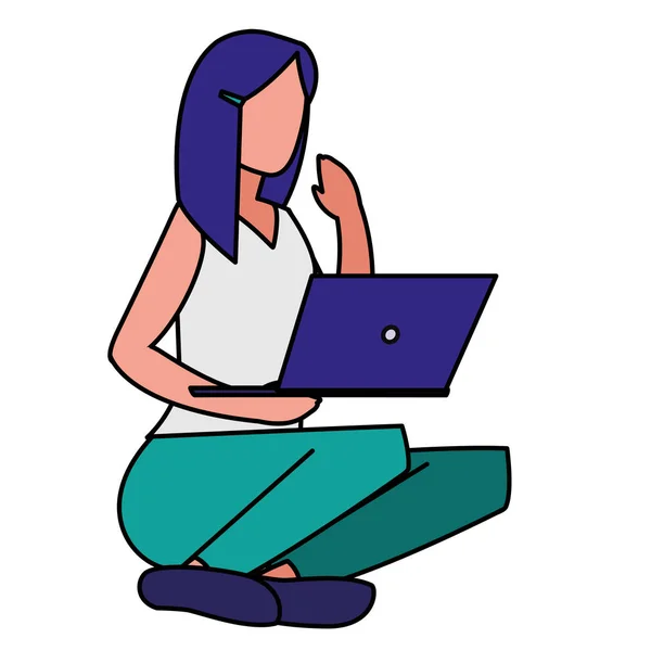 Jovem mulher sentada com laptop — Vetor de Stock
