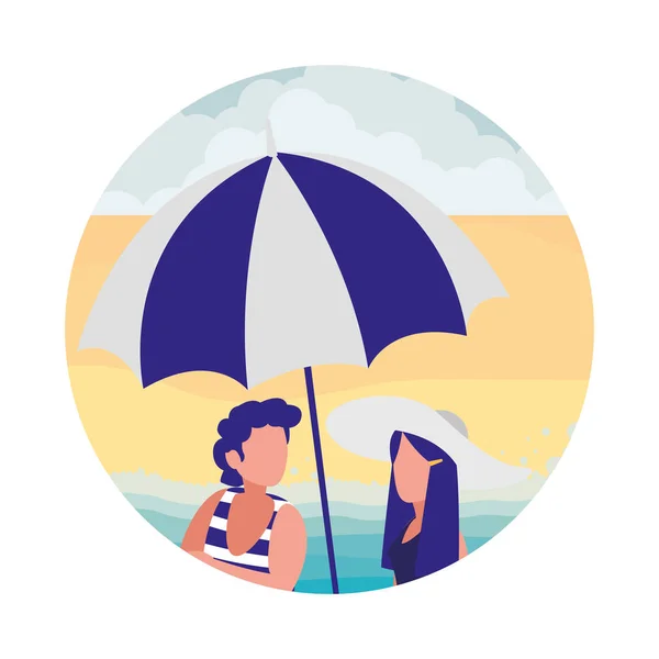 Echtpaar met strand kleding en paraplu — Stockvector