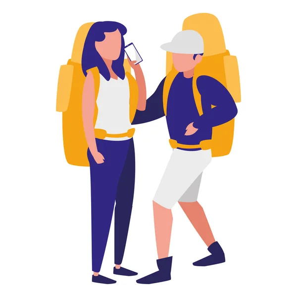 Couple with climbing bag and smartphone — Stock Vector