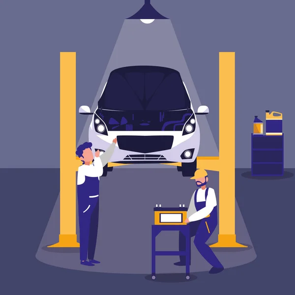 Carro em oficina de manutenção com equipe mecânica — Vetor de Stock