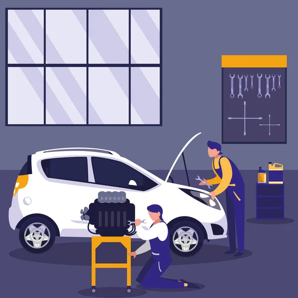 Car in maintenance workshop with mechanics team — Stock Vector