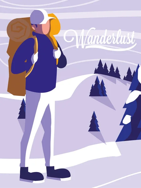Wanderlust poster met reiziger en snowscape scène — Stockvector