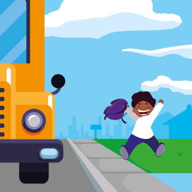 mutlu öğrenci siyah çocuk okul otobüsü durağı sahnesinde