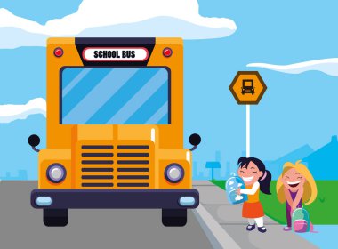 mutlu öğrenci kızlar okul otobüsü durağı sahnesinde