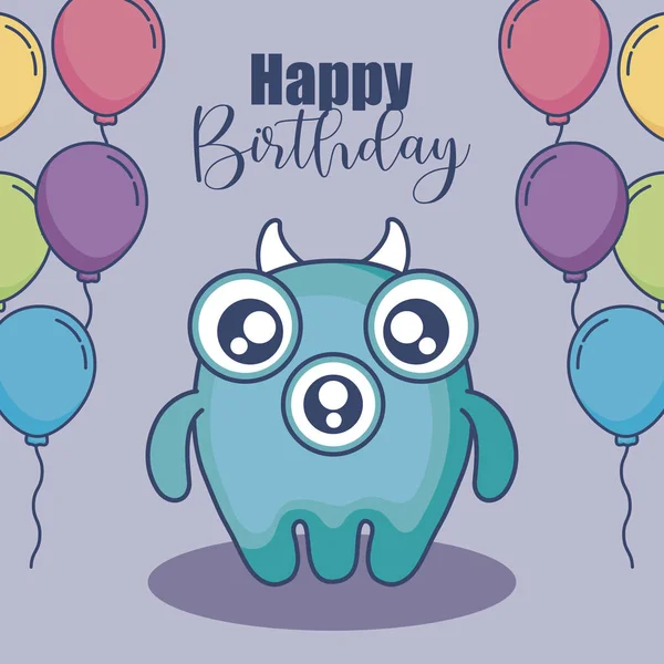 Lindo monstruo con globos tarjeta de cumpleaños de helio — Vector de stock
