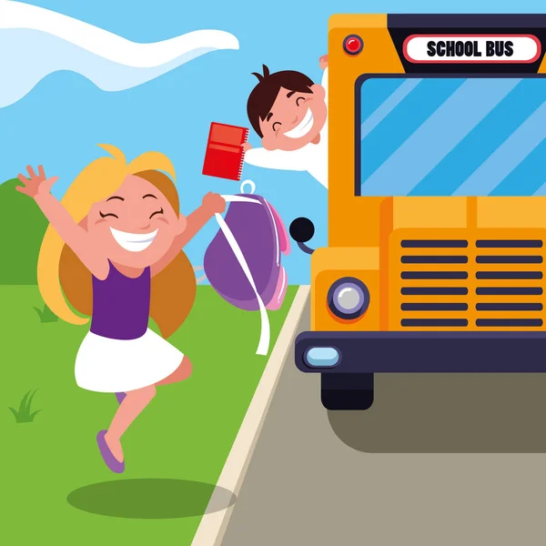 Happy students kids in the school bus — Stock Vector
