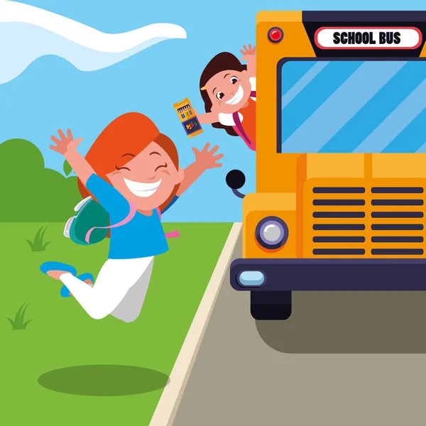 Happy studentky na školní autobus zastávka scéně — Stockový vektor