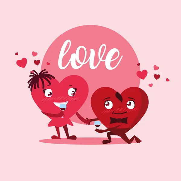 Lindo corazones pareja con vino taza caracteres — Vector de stock