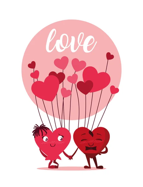 Söta hjärtan par med ballonger helium — Stock vektor