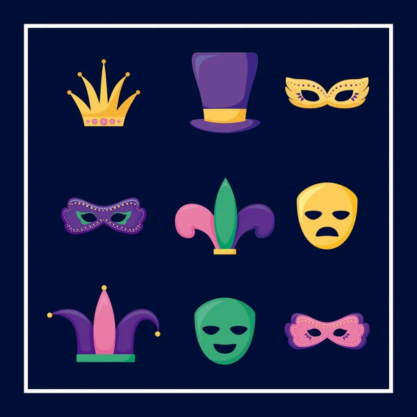 Iconos de tarjeta mardi gras set — Archivo Imágenes Vectoriales