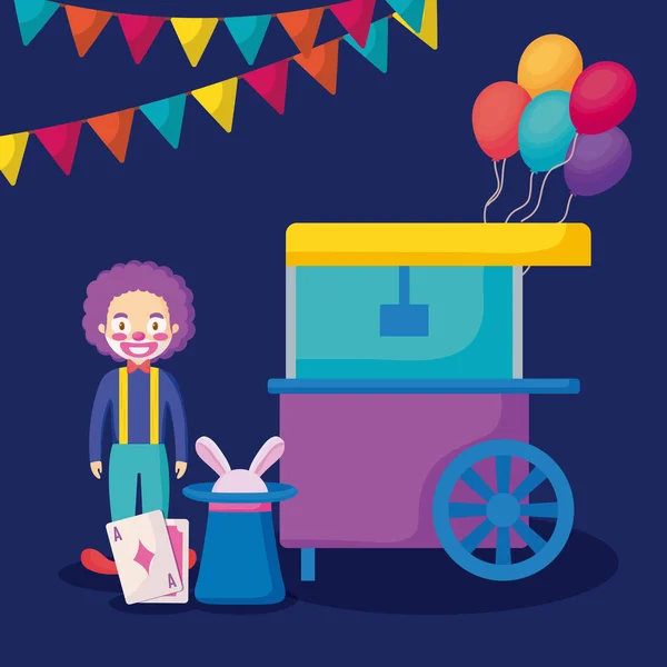 Payaso de circo con carrito de maíz pop — Vector de stock