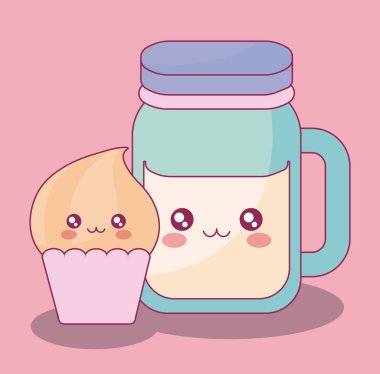 şirin içecek kavanoz ve cupcake kawaii karakterleri çizimde tasarım vektör