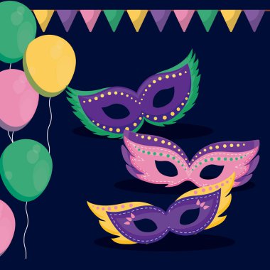 Mardi gras kartı maskeleri ile