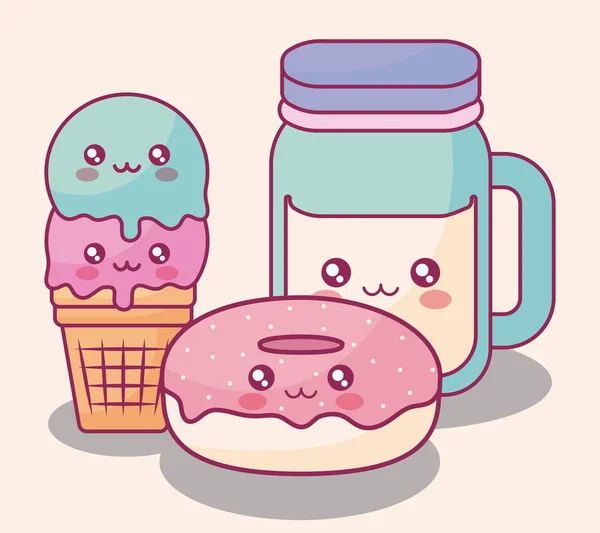 Rosquillas dulces y helados kawaii caracteres — Vector de stock