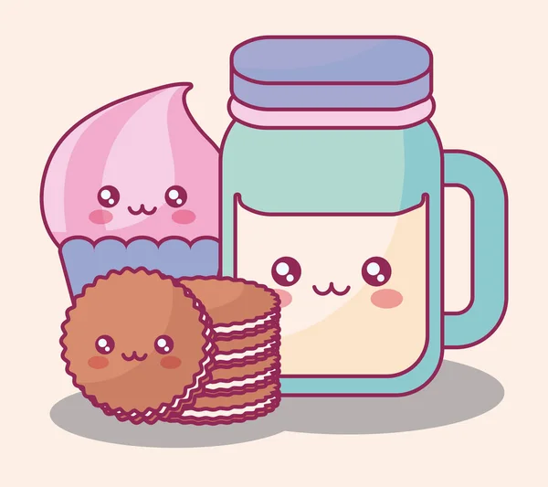 Productos dulces caracteres kawaii — Vector de stock