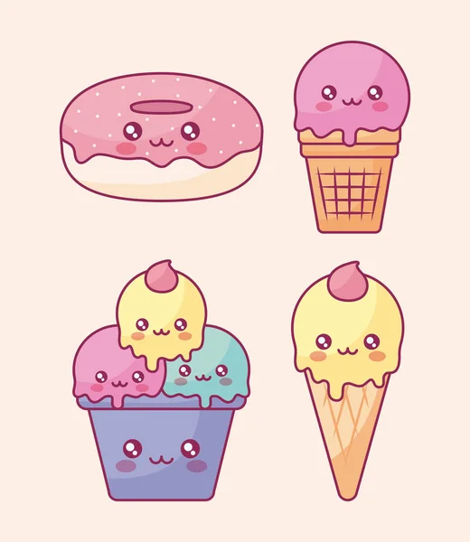 可爱的冰淇淋和甜甜圈可爱的角色 — 图库矢量图片