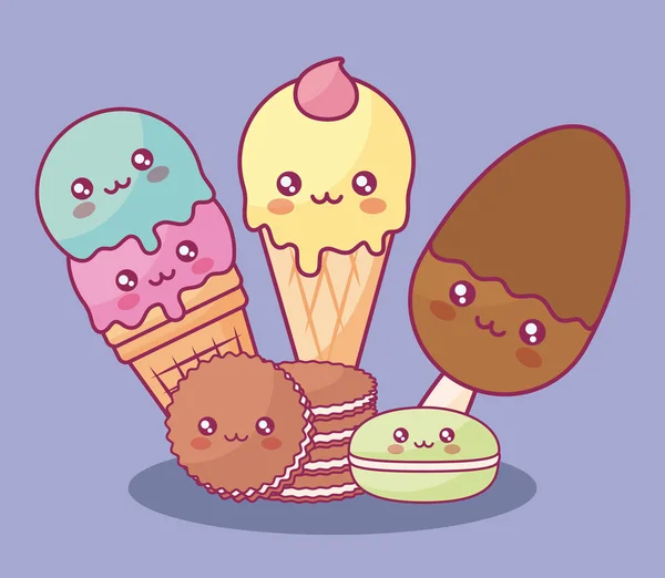 Cute ice creams and cookies kawaii characters — Stock Vector