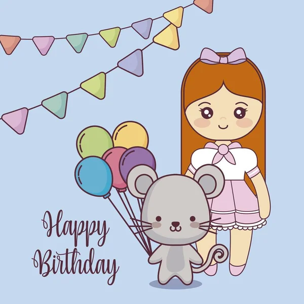 Lindo ratón feliz tarjeta de cumpleaños — Vector de stock