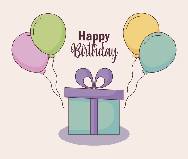 Feliz tarjeta de cumpleaños con regalo y globos de helio — Vector de stock