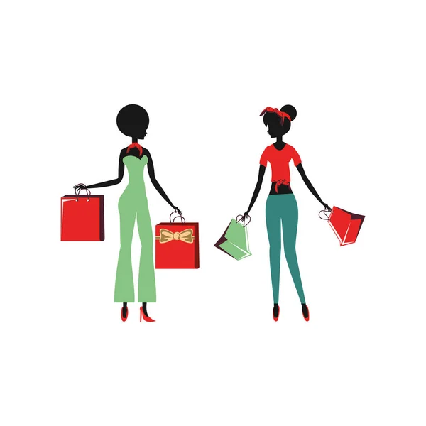 Γυναίκες σιλουέτα ρετρό στυλ με τσάντες αγορών — Διανυσματικό Αρχείο