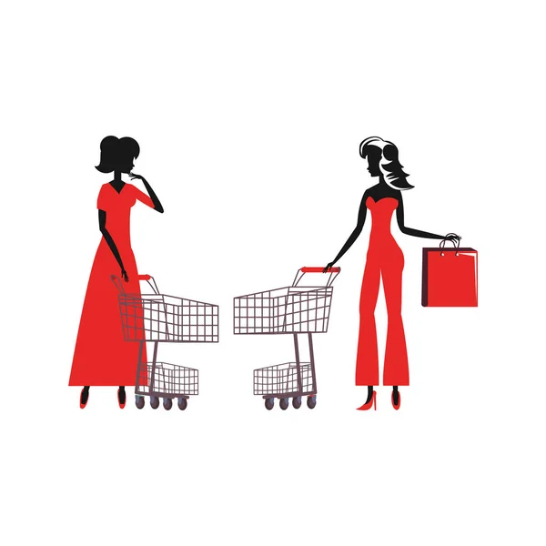 Γυναίκες σιλουέτα με τσάντα για ψώνια και καλάθι — Διανυσματικό Αρχείο