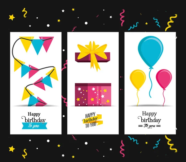 Zestaw prezent urodzinowy, girlandy i balonów powietrzem — Wektor stockowy
