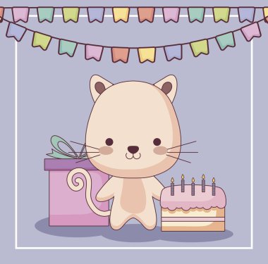şirin kedi mutlu Doğum günü kartı ile pasta ve set simgeleri