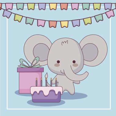 sevimli fil mutlu Doğum günü kartı ile pasta ve simgeler