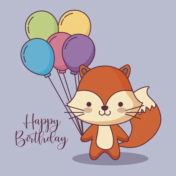 Lindo zorro feliz cumpleaños tarjeta con globos helio — Vector de stock