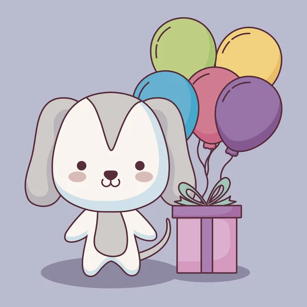 Lindo perro feliz cumpleaños tarjeta con globos helio y regalo — Archivo Imágenes Vectoriales