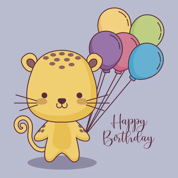 Niedlichen Tiger Happy Birthday-Karte mit Luftballons Helium — Stockvektor