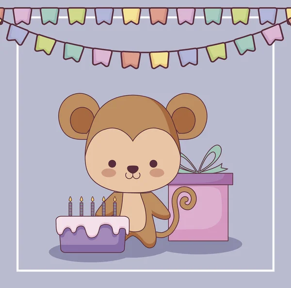 Lindo mono feliz cumpleaños tarjeta regalo y establecer iconos — Vector de stock