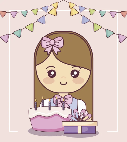 Little girl with gift box and sweet cake — Stock Vector