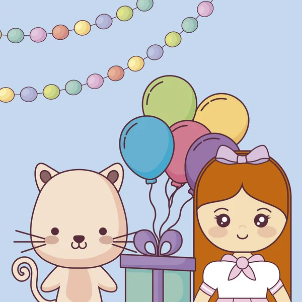 Söt katt med lilla flickan Grattis på födelsedagen-kort — Stock vektor