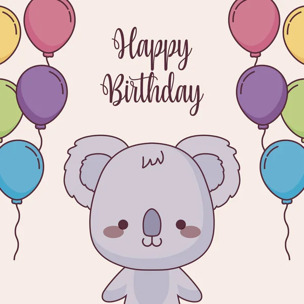 Lindo koala feliz cumpleaños tarjeta con globos helio — Vector de stock
