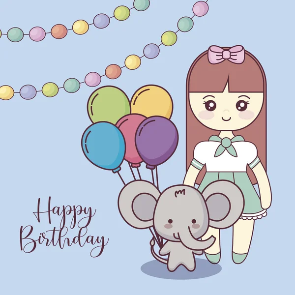 Elefante bonito com a menina cartão de aniversário feliz — Vetor de Stock
