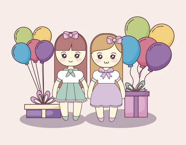 Маленькие девочки с подарочными коробками и воздушными шарами гелия — стоковый вектор