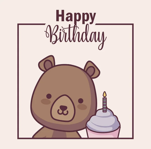Lindo oso con cupcake feliz tarjeta de cumpleaños — Vector de stock