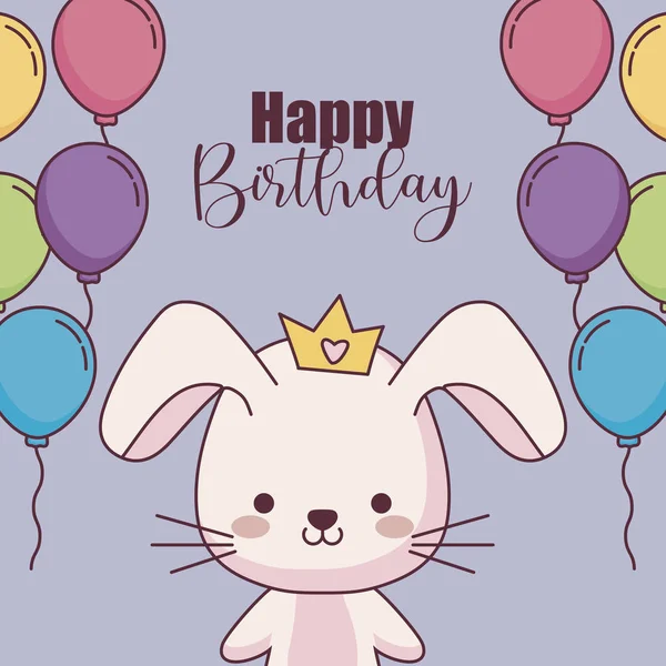 Lindo conejo feliz cumpleaños tarjeta con globos helio — Vector de stock