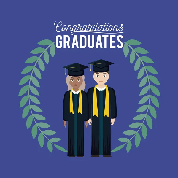 Carte de célébration de graduation avec couple gradué et couronne — Image vectorielle