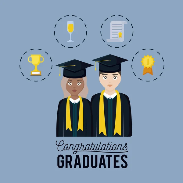 Carte de célébration de graduation avec des icônes de couple et ensemble — Image vectorielle