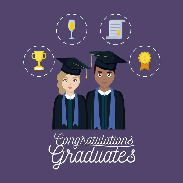 Carte de célébration de graduation avec des icônes de couple et ensemble — Image vectorielle